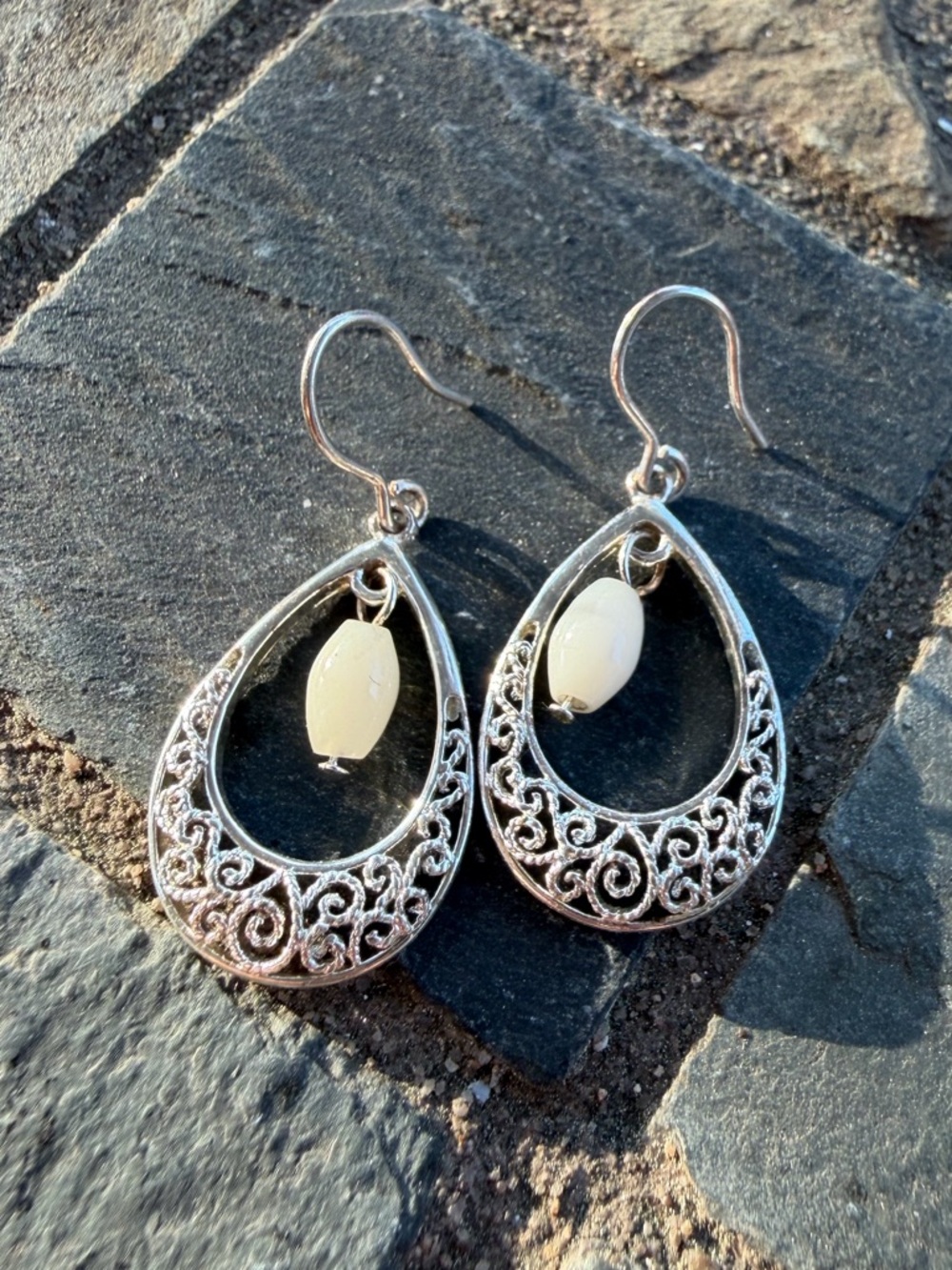 Vintage Sterling Silver White Bead Teardrop Earrings 925
